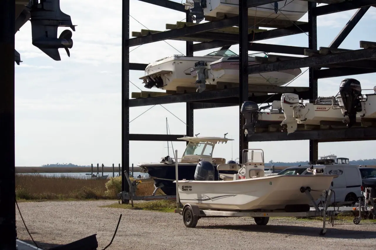 Powerboats stored on multi-level dry stack racks