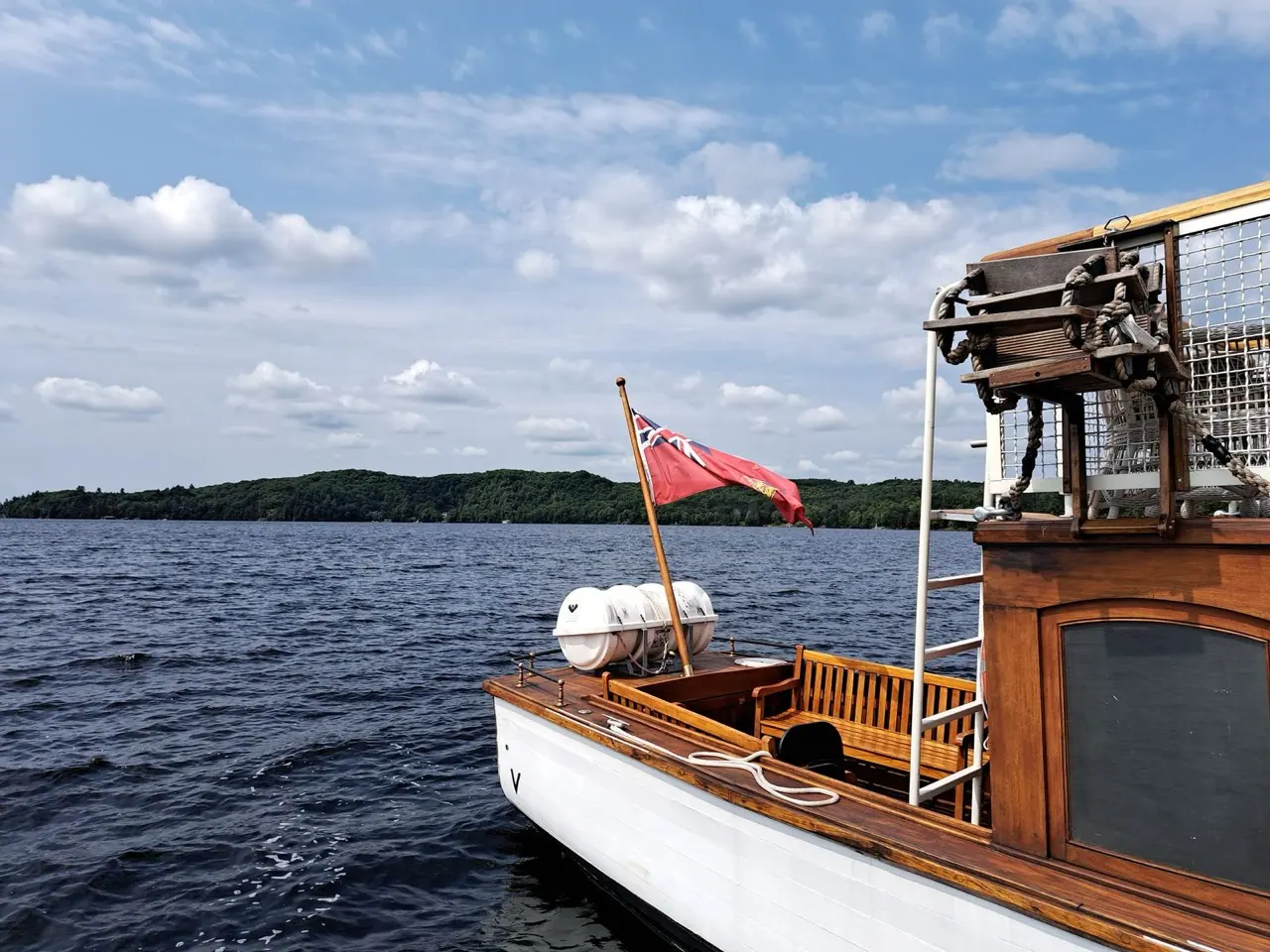 A classic wooden runabout on a lake near Dwight, Ontario